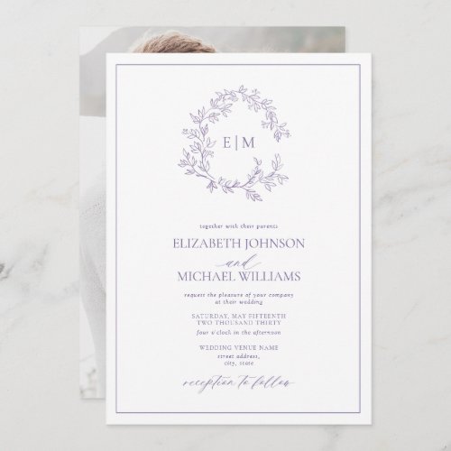 Lilac Lavender Leafy Crest Monogram Photo Wedding Invitation - We're loving this trendy, modern lilac lavender photo wedding invitation! Simple, elegant, and oh-so-pretty, it features a hand drawn leafy wreath encircling a modern wedding monogram. It is personalized in elegant typography, and accented with hand-lettered calligraphy. Finally, it is trimmed in a delicate frame and the back of the card showcases your favorite engagement photo. Veiw suite here: 
https://www.zazzle.com/collections/lilac_lavender_leafy_crest_monogram_wedding-119374890601634892 Contact designer for matching products to complete the suite, OR for color variations of this design. Thank you sooo much for supporting our small business, we really appreciate it! 
We are so happy you love this design as much as we do, and would love to invite
you to be part of our new private Facebook group Wedding Planning Tips for Busy Brides. 
Join to receive the latest on sales, new releases and more! 
https://www.facebook.com/groups/622298402544171  
Copyright Anastasia Surridge for Elegant Invites, all rights reserved.