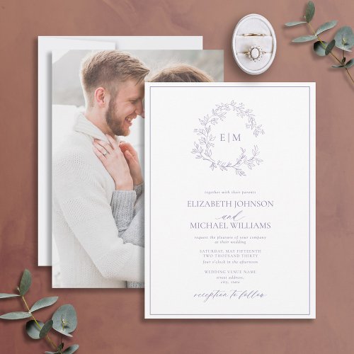 Lilac Lavender Leafy Crest Monogram Photo Wedding Invitation