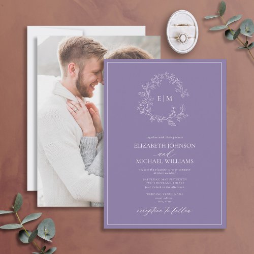 Lilac Lavender Leafy Crest Monogram Photo Wedding Invitation