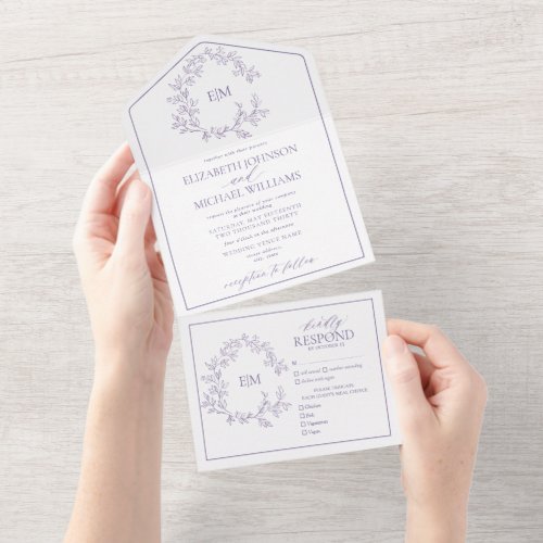 Lilac Lavender Leafy Crest Monogram Wedding All In One Invitation - We're loving this trendy, modern Lilac Lavender All-in-one Simple, elegant, and oh-so-pretty, it features a hand drawn leafy wreath encircling a modern wedding monogram. It is personalized in elegant typography, and accented with hand-lettered calligraphy. Finally, it is trimmed in a delicate frame. To remove meal choices in the RSVP section, we have created a how-to video for you here: https://youtu.be/ZGpeldQgxoE. Part of a matching wedding set. Veiw suite here: 
https://www.zazzle.com/collections/lilac_lavender_leafy_crest_monogram_wedding-119374890601634892 Contact designer for matching products to complete the suite, OR for color variations of this design. Thank you sooo much for supporting our small business, we really appreciate it! 
We are so happy you love this design as much as we do, and would love to invite
you to be part of our new private Facebook group Wedding Planning Tips for Busy Brides. 
Join to receive the latest on sales, new releases and more! 
https://www.facebook.com/groups/622298402544171  
Copyright Anastasia Surridge for Elegant Invites, all rights reserved.