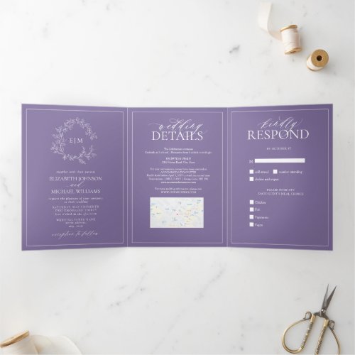 Lilac Lavender Leafy Crest Monogram Wedding Tri-Fold Invitation - We're loving this trendy, modern Lilac Lavender Trifold invitation simple, elegant, and oh-so-pretty, it features a hand drawn leafy wreath encircling a modern wedding monogram. It is personalized in elegant typography, and accented with hand-lettered calligraphy. Finally, it is trimmed in a delicate frame. To remove meal choices in the RSVP section, we have created a how-to video for you here: https://youtu.be/ZGpeldQgxoE. A Wedding Details contains extra details like, driving directions, reception information, hotel information, etc. This can also include your wedding website including provision for a map (via screen capture) has been included, and even your favorite engagement photo on the back! Veiw suite here: 
https://www.zazzle.com/collections/lilac_lavender_leafy_crest_monogram_wedding-119374890601634892 Contact designer for matching products to complete the suite, OR for color variations of this design. Thank you sooo much for supporting our small business, we really appreciate it! 
We are so happy you love this design as much as we do, and would love to invite
you to be part of our new private Facebook group Wedding Planning Tips for Busy Brides. 
Join to receive the latest on sales, new releases and more! 
https://www.facebook.com/groups/622298402544171  
Copyright Anastasia Surridge for Elegant Invites, all rights reserved.