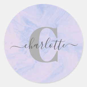 Lilac Lavender Marble Elegant Monogram Name Classic Round Sticker