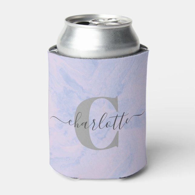 Lilac Lavender Marble Elegant Monogram Name Custom Can Cooler (Can Front)