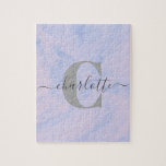 Lilac Lavender Marble Elegant Monogram Name Jigsaw Puzzle<br><div class="desc">Enjoy a relaxing activity with this personalized monogram puzzle, featuring a soft pastel watercolor background in shades of blue and purple. This charming puzzle is customized with your name and initial, making it a unique gift for friends, family, or yourself. Perfect for puzzle enthusiasts and anyone who appreciates personalized touches...</div>