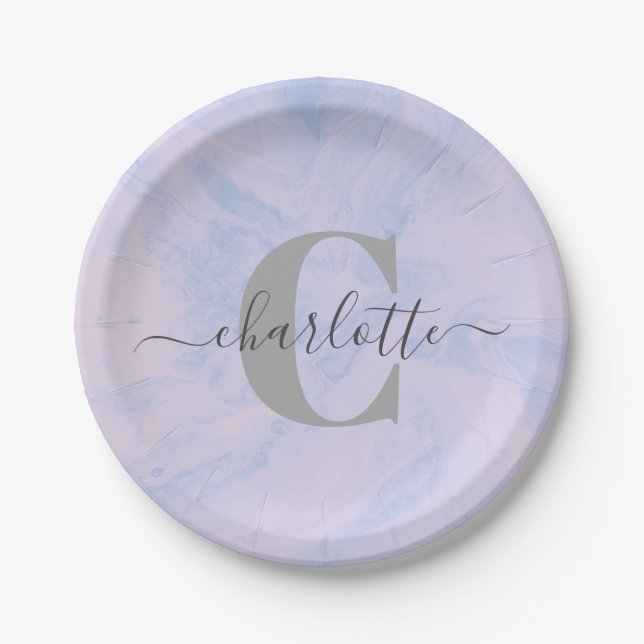 Lilac Lavender Marble Elegant Monogram Name Paper Plates (Front)