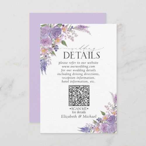 Lilac Lavender Mauve Floral QRCode Wedding Details Enclosure Card
