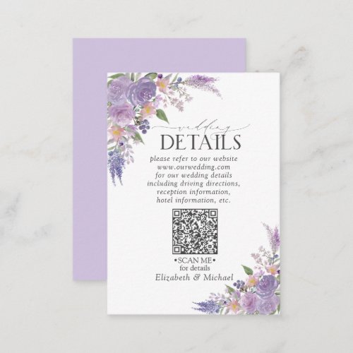 Lilac Lavender Mauve Floral QRCode Wedding Details Enclosure Card