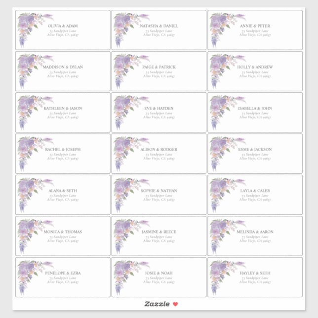 Lilac Lavender Mauve Script Floral Guest Address Sticker (Sheet)