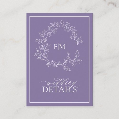 Lilac Lavender Monogram Wedding Details Enclosure Card - We're loving this trendy, modern Lilac Lavender details card! Simple, elegant, and oh-so-pretty, it features a hand drawn leafy wreath encircling a modern wedding monogram. It is personalized in elegant typography, and accented with hand-lettered calligraphy. Finally, it is trimmed in a delicate frame and the back of the card contains the details, which allows the addition of the information you need to give, This may include driving directions, reception information, hotel information, etc. This can also include your wedding website.The card holds up to 20 lines of text. Text is aligned to top and flows down, you may need to adjust vertical positioning depending on the amount of text by clicking customize further. Veiw suite here: 
https://www.zazzle.com/collections/lilac_lavender_leafy_crest_monogram_wedding-119374890601634892 Contact designer for matching products to complete the suite, OR for color variations of this design. Thank you sooo much for supporting our small business, we really appreciate it! 