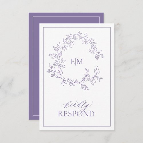 Lilac Lavender Monogram Wedding RSVP Card - We're loving this trendy, modern Lilac Lavender RSVP card! Simple, elegant, and oh-so-pretty, it features a hand drawn leafy wreath encircling a modern wedding monogram. It is personalized in elegant typography, and accented with hand-lettered calligraphy. Finally, it is trimmed in a delicate frame and the back of the card allows guests to indicate their intention to attend and entree selection.To remove meal choices, we have create a how-to video for you here: https://youtu.be/ZGpeldQgxoE  Veiw suite here: 
https://www.zazzle.com/collections/lilac_lavender_leafy_crest_monogram_wedding-119374890601634892 Contact designer for matching products to complete the suite, OR for color variations of this design. Thank you sooo much for supporting our small business, we really appreciate it! 