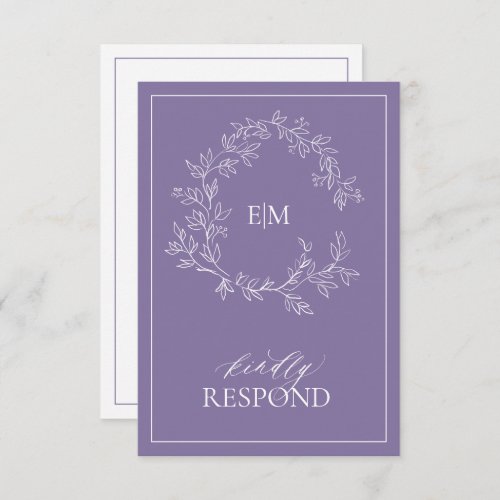 Lilac Lavender Monogram Wedding RSVP Card - We're loving this trendy, modern Lilac Lavender RSVP card! Simple, elegant, and oh-so-pretty, it features a hand drawn leafy wreath encircling a modern wedding monogram. It is personalized in elegant typography, and accented with hand-lettered calligraphy. Finally, it is trimmed in a delicate frame and the back of the card allows guests to indicate their intention to attend and entree selection.To remove meal choices, we have create a how-to video for you here: https://youtu.be/ZGpeldQgxoE  Veiw suite here: 
https://www.zazzle.com/collections/lilac_lavender_leafy_crest_monogram_wedding-119374890601634892 Contact designer for matching products to complete the suite, OR for color variations of this design. Thank you sooo much for supporting our small business, we really appreciate it! 