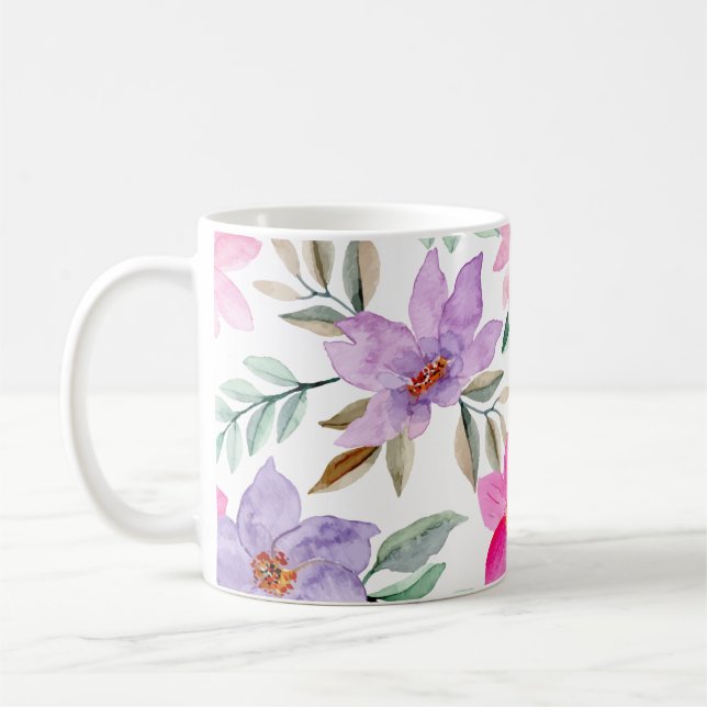 Lilac Lavender Pink Pretty Floral Pattern Coffee Mug (Left)