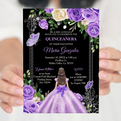 Lilac lavender purple silver colors Quinceanera  Invitation