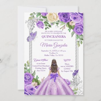 Lilac Lavender Purple Silver Quinceanera Butterfly Invitation by HappyPartyStudio at Zazzle