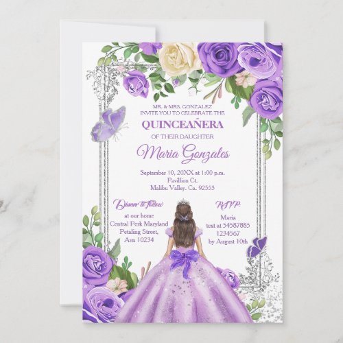 Lilac lavender purple silver Quinceanera Butterfly Invitation