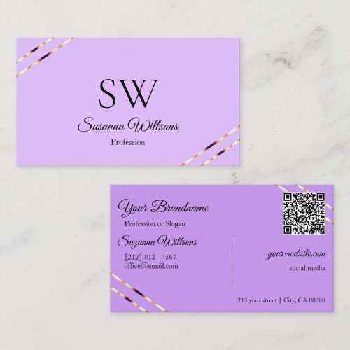 Lilac Lavender Rose Gold Lines Monogram QR Code Business Card