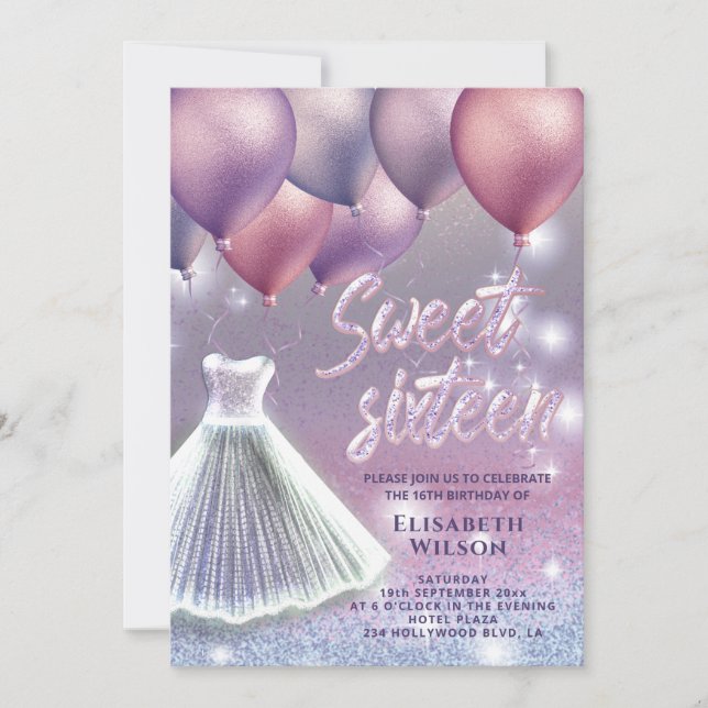 Lilac lavender sparkling glittery dress balloon in invitation (Front)
