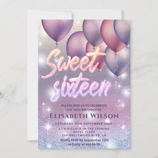 Lilac lavender sparkling glittery ombre balloon in invitation (Front)