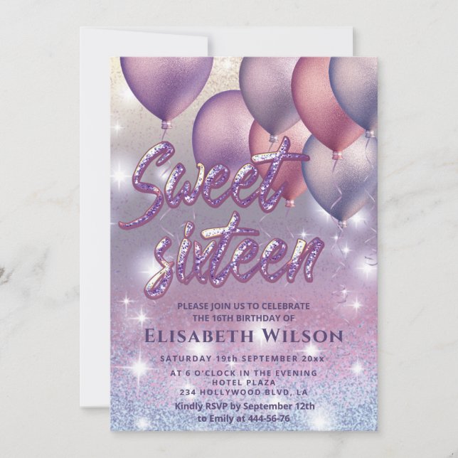 Lilac lavender sparkling glittery ombre balloon invitation (Front)