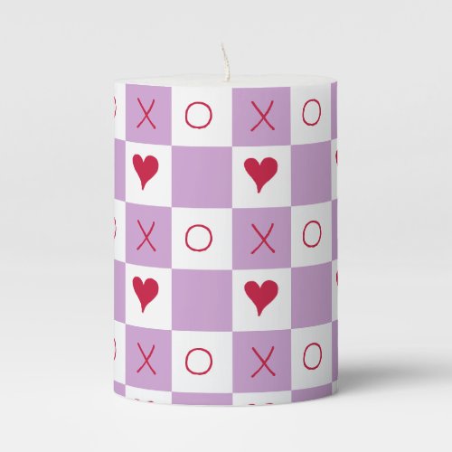 Lilac Lavender White XO heart Checkered   Pillar Candle