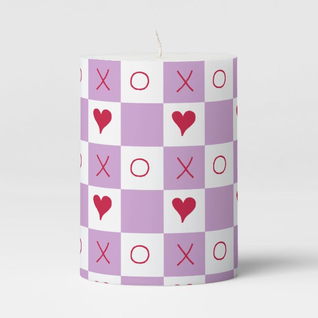Lilac Lavender White XO heart Checkered   Pillar Candle (Front)