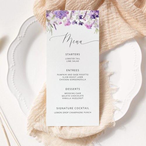 Lilac lavender wildflower minimalist wedding menu