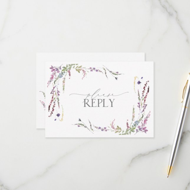 Lilac Lavender Wildflowers Watercolor Wedding RSVP (Front/Back In Situ)