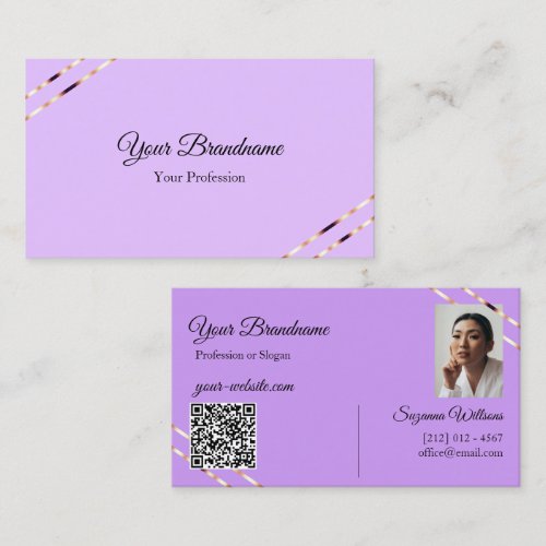 Lilac Lavender with Rose Gold Lines Photo QR Code Business Card