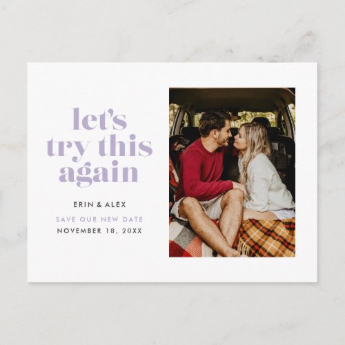 Lilac Lets Try This Again Change the Date Wedding Announcement Postcard