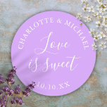Lilac Love Is Sweet Wedding Favor  Classic Round Sticker<br><div class="desc">Lilac wedding favor love is sweet classic round sticker. Designed by Thisisnotme©</div>