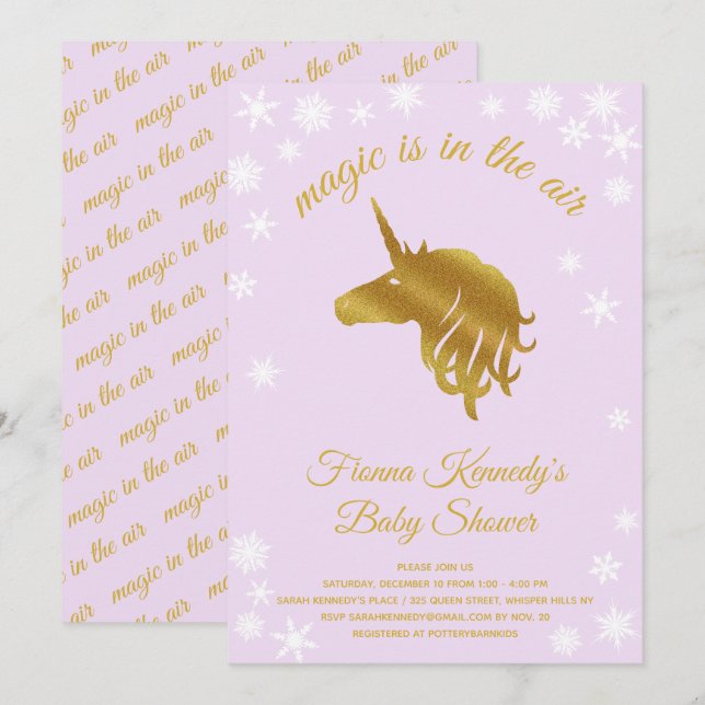 Lilac Magical Unicorn Winter Baby Shower Invitation (Front/Back)