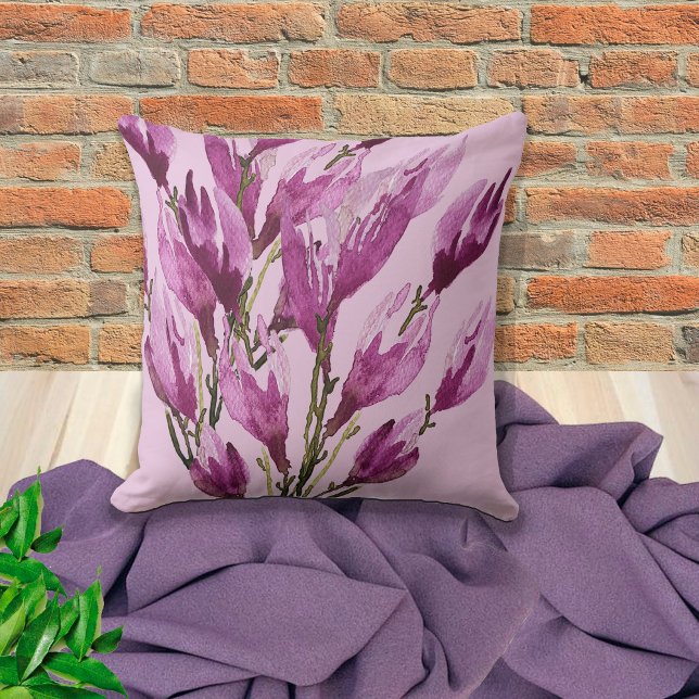Lilac Magnolia Floral Watercolor  Throw Pillow (Creator Uploaded)