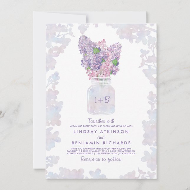 Lilac Mason Jar | Floral Watercolor Rustic Wedding Invitation (Front)