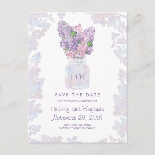 Lilac Mason Jar Watercolor Save the Date Announcement Postcard