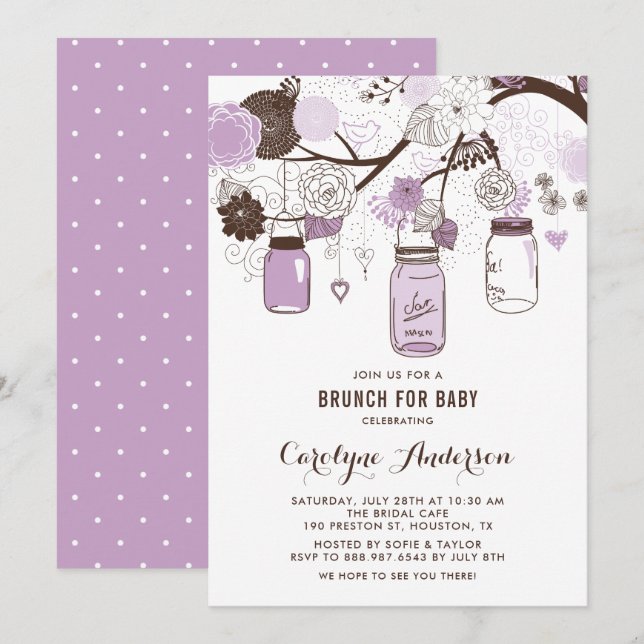 Lilac Mason Jars and Flowers Baby Shower Brunch Invitation (Front/Back)