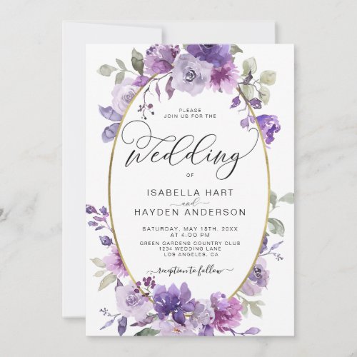 Lilac Mauve Dusty Purple Floral Gold Foil Wedding Invitation