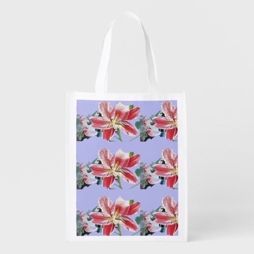 Lilac Mauve Red Lily floral Reusable Grocery Bag