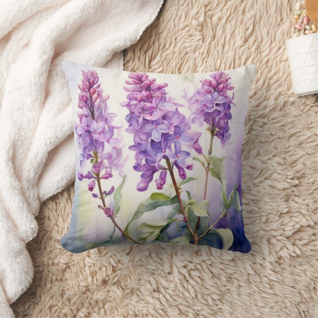 Lilac May Birth Flower Watercolor Botanical Purple Throw Pillow (Blanket)