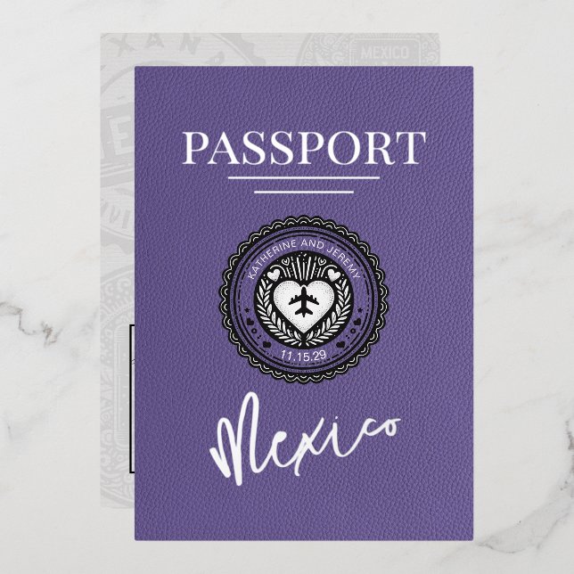 Lilac Mexico Passport Wedding Foil Invitation (Front/Back)