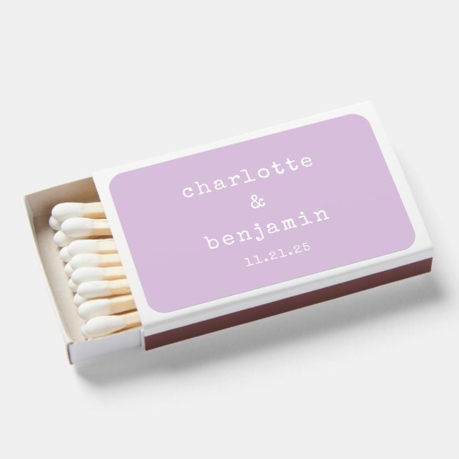 Lilac Minimalist Couple Names Personalized Wedding Matchboxes (Front Open)