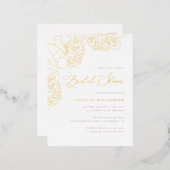 Lilac Minimalist Hand-drawn Peonies Bridal Shower Foil Invitation Postcard (Front/Back)