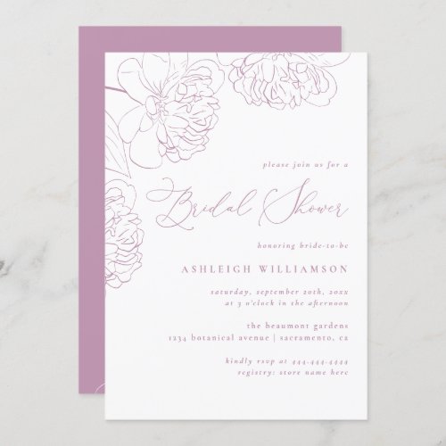 Lilac Minimalist Hand_drawn Peonies Bridal Shower Invitation