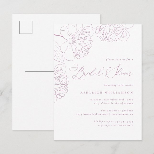 Lilac Minimalist Hand-drawn Peonies Bridal Shower Invitation Postcard (Front/Back)