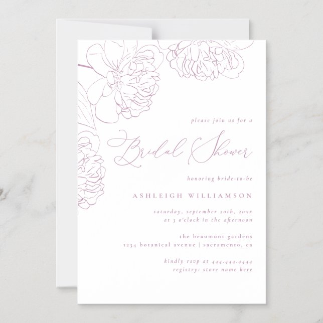 Lilac Minimalist Hand-drawn Peonies Bridal Shower Magnetic Invitation (Front)