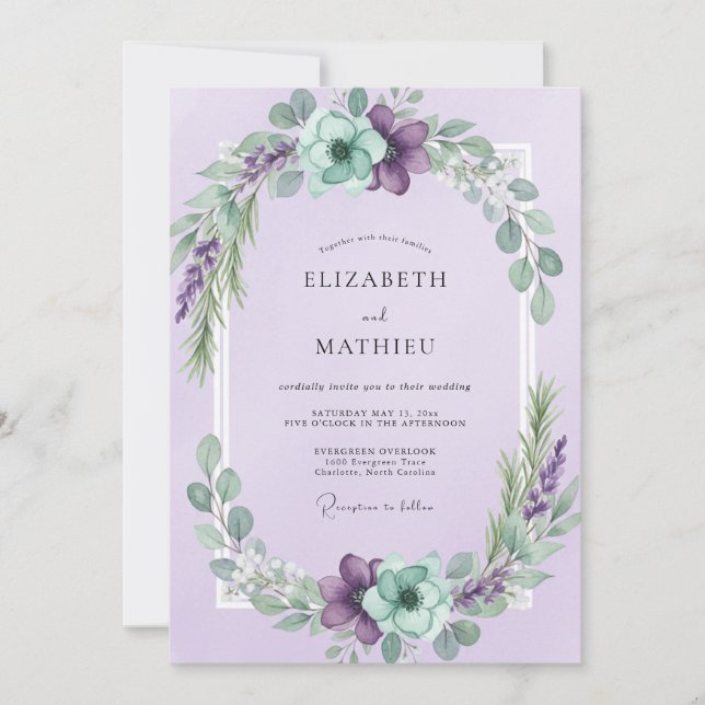 Lilac Mint Wreath Wedding Invitation (Front)