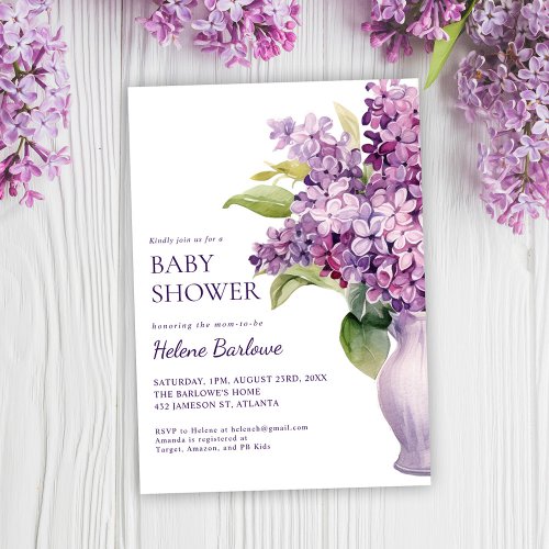 Lilac Modern Elegant Floral Baby Shower Invitation