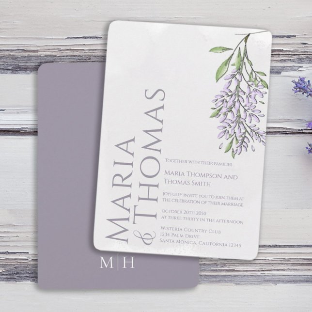 Lilac Modern Elegant Watercolor Floral  Invitation (Elegant lilac lavender wisteria floral flower wedding invitations. )
