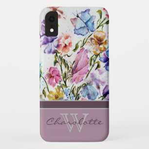 Lilac Modern Floral and Butterfly Monogram Name iPhone XR Case