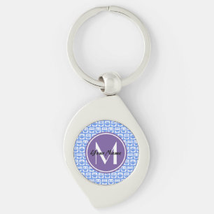 Lilac Monogram Blue and White Owl Pattern Keychain
