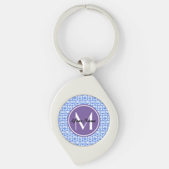 Lilac Monogram Blue and White Owl Pattern Keychain (Front)